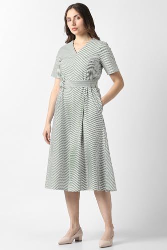 Women Green Stripe Knee Length Formal Dress