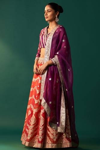 Wishful Women's Purple Zari Embroidered Jacquard Blouse with Flared Skirt and Dupatta Set (SP12839-314426-XL)