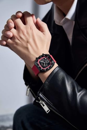 Daniel Hechter Paris Bercy Collection Modern Multi Functional Watch for Men with Square Dial and Silicon Band-DHM1001 (Dial: Black Strap: Red)