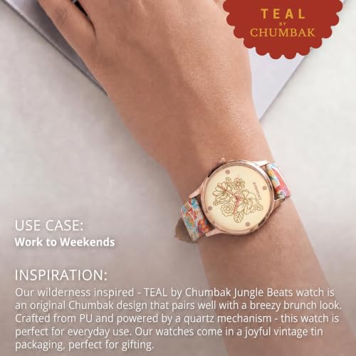 TEAL BY CHUMBAK White Analog Watch for Women | Jungle Beats Collection | Printed Vegan Leather Strap | Stylish Gift for Girls & Ladies | Casual & Work