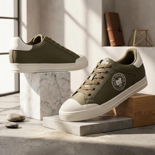 Lee Cooper Men's Olive Leather Sneakers – Lace-Up Casual Sports Shoes