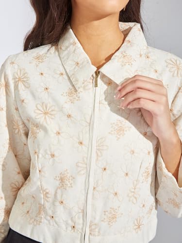 Latin Quarters Women Beige Embroidery Collar Neck Full Sleeves Casual Jacket_XL