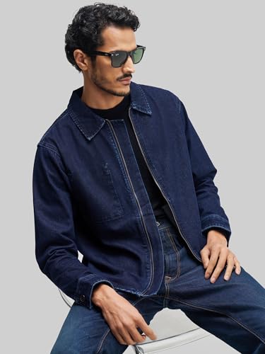 XYXX Men's Cotton Denim Jacket| Long Sleeves| Solid-Regular Fit For Everyday Wear | Midnight Blue
