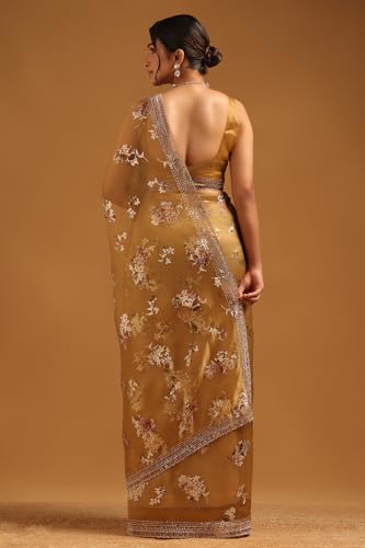 Soch Womens Gold Organza Floral Saree With Stone Work