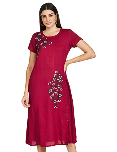 global desi Women's Rayon A-Line Midi Dress (AW19GS102DRRLMAROONS_Maroon_S)