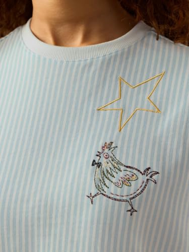 The Souled Store Party Animal Women and Girls Short Sleeve Round Neck Light Blue Striped Embroidered Cotton Oversized Breathable Streetwear Casual Summer T-Shirts