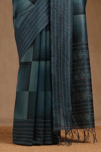 Soch Womens Teal Blue Chanderi Geometric Print Saree With Thread Work