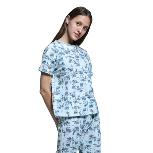 Wacoal Women’s Snooze Club Short Sleeve Full Length Comfort Fit Pure Cotton Pajama Set-Blue (XL)