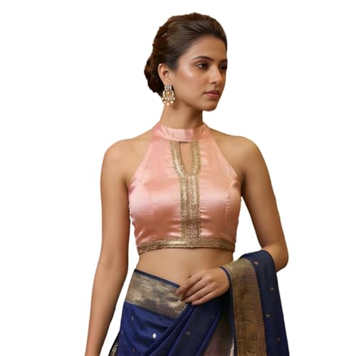 FVSHUN Women Customized Halter Neck Sleeveless Padded Readymade Blouse for Saree and Lehenga with Stretchable Sides (Peach, 36)