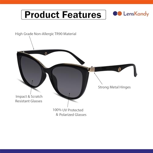 LensKandy Polarized & UV Protected Cateye Sunglasses for Women | 9063-Black