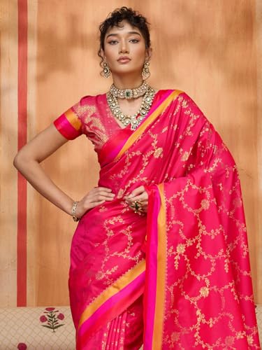 AKHILAM Women's Pink Pure Silk Ethnic Motif Printed Saree With Unstitched Blouse Piece (COLOURS005_RJ)