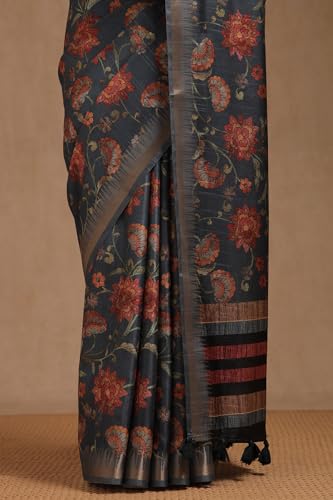 Soch Womens Blue Tussar Floral Print Saree