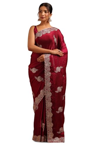Soch Womens Wine Organza Floral Saree With Zari Embroidery and stone work