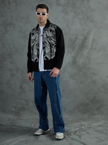 FUGAZEE Black Lineart Harrington Jacket for Men | Heavyweight Cotton Twill | Printed Lineart Design | Spread Collar | Zipped Closure | Lined Streetwear Bomber Jacket - S