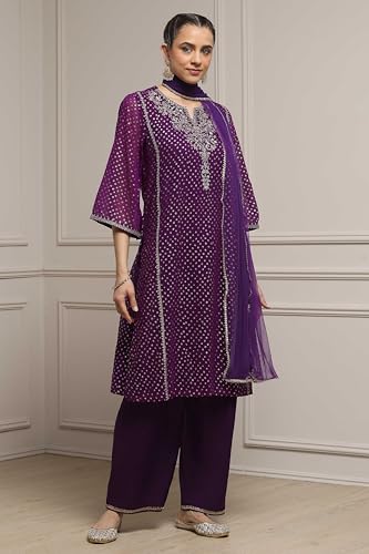 Biba Women Purple Viscose Straight Printed Suit Set_40
