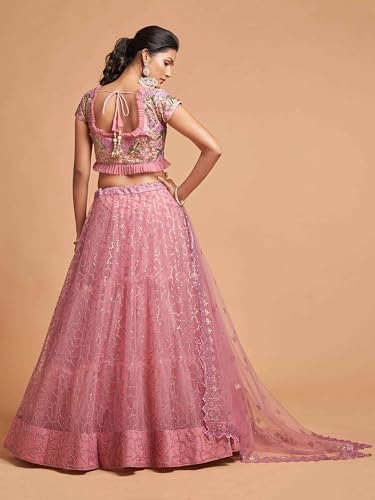 Zeel Clothing Women's Net Embroidered Semi-Stitched Bridal New Lehenga Choli with Dupatta (7313-Pink-Wedding-Girlish-Lehenga-Choli; Free Size)