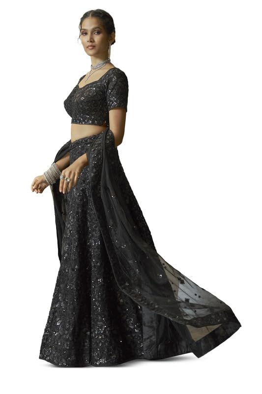 Soch Womens Black Net All-Over Floral Pattern Sequin Embellished Unstitched Lehenga Set