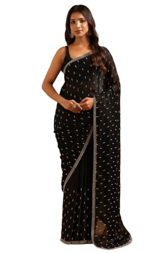 Soch Womens Black Fendy Organza Stonework Embellished Saree