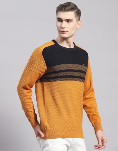 Monte Carlo Mens Mustard Solid Round Neck Full Sleeve Cotton Blend Casual Sweater (1239264RN-2-40)