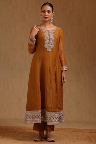 Soch Womens Mustard Tissue Embroidered Suit Set With Stone Work