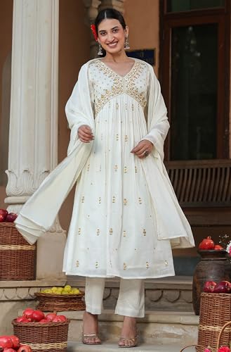Janasya Women's Off White Pure Cotton Embroidered A-line Kurta Set (JAA25ST02097-S)