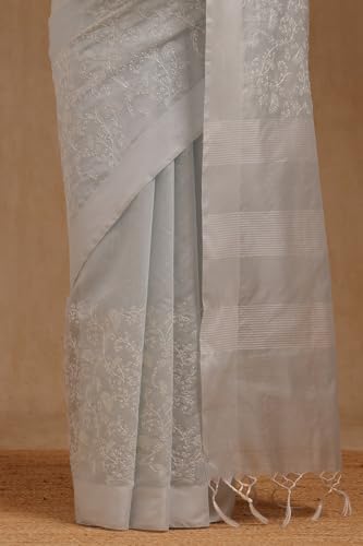 Soch Womens Grey Chanderi Floral Print Saree With Thread Work