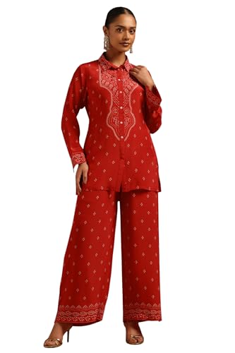 Soch Womens Red Crepe Bandhani Co-Ords Set With Beads