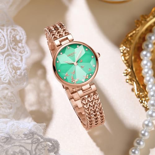 NIBOSI Watch for Woman Analog Quartz Rose Gold Stainless Steel Mesh Band Women Watches Stylish Diamond Wrist Watch Waterproof (Rose Green)