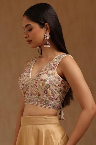 Soch Womens Light Gold Tissue Embroidered Padded Blouse with Cutdana