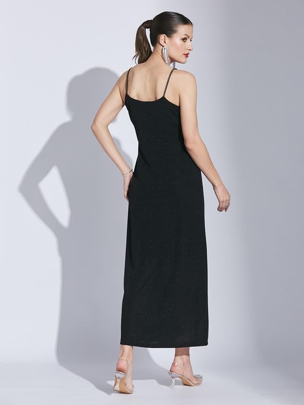 Latin Quarters Women Black V-Neck Sleeveless Solid Dress_M