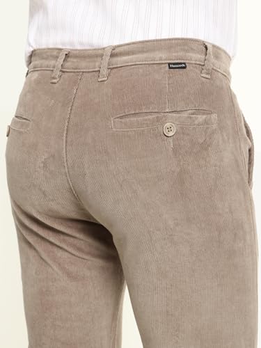 Hancock Men Cotton Solid Slim Fit Trousers Beige Size 34, Comfortable Stretch Waistband, Classic Silhouette with Modern Comfort, smart fit for Everyday Styling