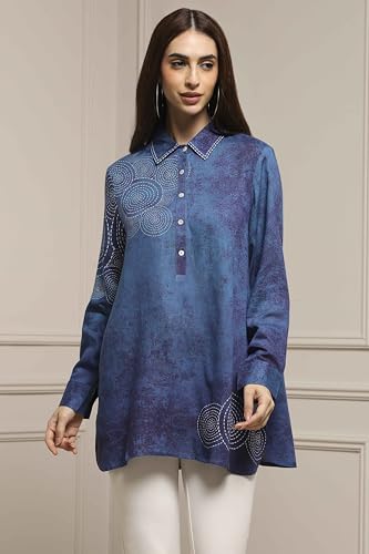 Biba Women Blue Viscose Rayon A-Line Printed Top_40