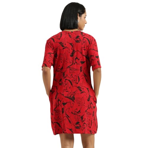 United Colors of Benetton Round Neck Animal Print Dress - (Size:S) - 26P3SOCPT735I902 Red