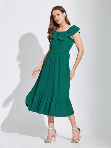 Latin Quarters Women Green Square Neck Cap Sleeves Solid Below Knee A-Line Dress for Casual Wear_M
