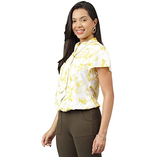 Latin Quarters Women Yellow Printed Short Sleeve Top with Tie Up Neck