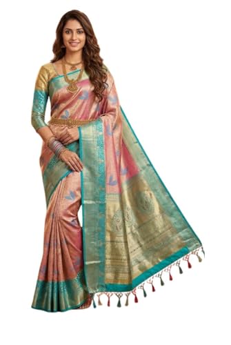 VFCollections Women's Traditional Handloom Kanchipuram Silk Pure Pattu Sarees | Rich Zari Woven Design | Bridal Saree | Unstitched Blouse (VFC721-3)