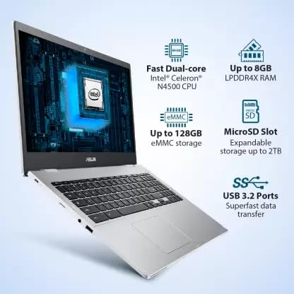 ASUS Chromebook Intel Celeron Dual Core N4500 - (8 GB/64 GB EMMC Storage/Chrome OS) CX1500CKA-EJ0275 Chromebook (15.6 Inch, Transparent Silver, 1.80 Kg)