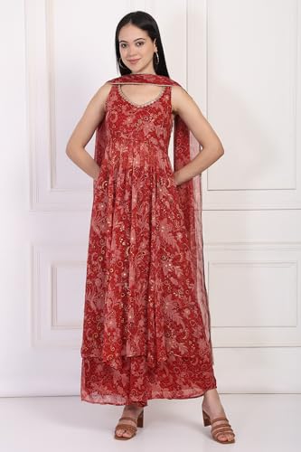 W for Woman Red Floral Print Zari Work Anarkali Chiffon Kurta with Flared Pant and Dupatta Set (WS13165-126056-S)