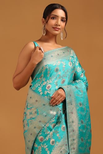 Soch Womens Turquoise Blue Satin Floral Saree With Zari Work