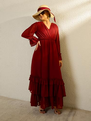 Sassafras Women Maroon V-Neck Flared Maxi Dress-S
