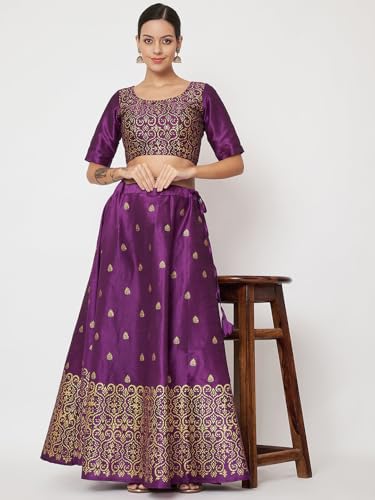 studio rasa Women's Dupion Hand Block Printed Bias Skirt for Wedding Festive Party (SKTC52403M_Purple_Medium)