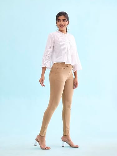 GO COLORS Women Khaki Mid Rise Cotton Super Stretch Premium Jegging - M