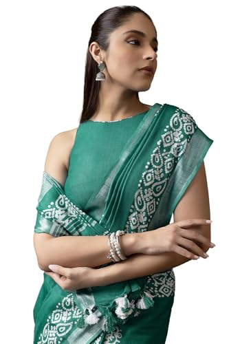 Soch Womens Turquoise Blue Linen Batik Print Sarees With Tassels