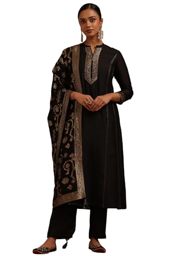 Soch Womens Black Vichitra Zari Woven Suit Set With Cutwork