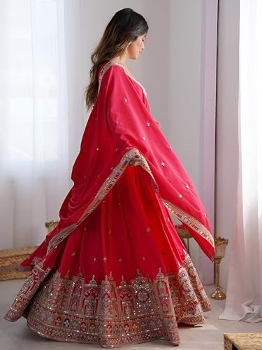 Zeel Clothing Women's Sequins Thread Embroidered French Crepe Lehenga Choli With Dupatta (5118-Pink-Women-Lehenga-Choli-Latest; Free size) (Pink)