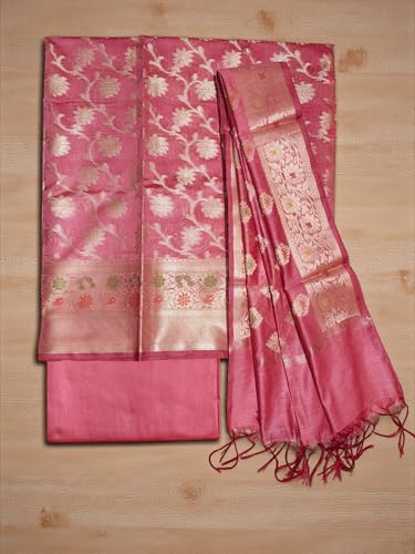 Ivikta Women's Banarasi Cotton Silk Unstitched Salwar Suit Set with Dupatta | Handloom banarasi dress material (Peach 1)