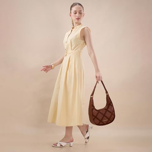 Caprese Athena Medium Hobo Bag for Women | Stylish Shoulder Bag with Plush Chenille Embroidery with Secure Zip Closure | Multi-Compartment Designer Handbag for Work & Travel (Tan)