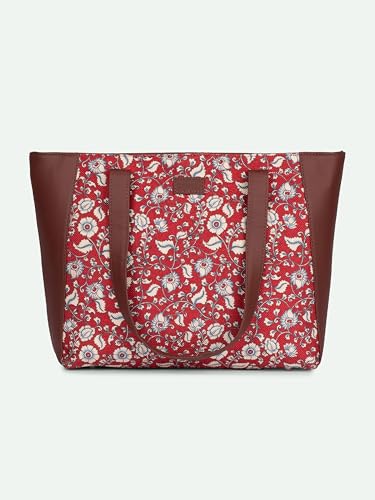 ZOUK Chittoor Red Kalamkari Floral Printed Women Jute Vegan Leather Red Side Tote Bag For Ladies With Double Handle