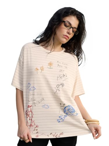The Souled Store in My Head: Women and Girls Short Sleeve Round Neck Off White Graphic Printed Cotton Oversized Breathable Streetwear Casual Everyday T-Shirts