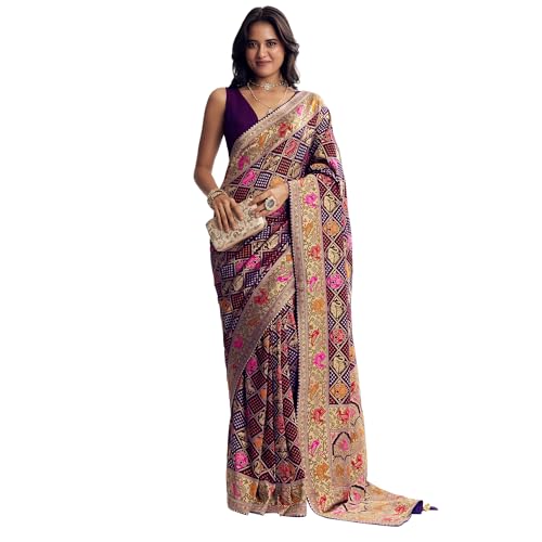 KALKI Fashion Purple Georgette Bandhani Saree With Animal Motifs And Gota Border Silk sarees for women Traditional Ethnic Wear Fashion Wear Wedding Collection Festive Saree